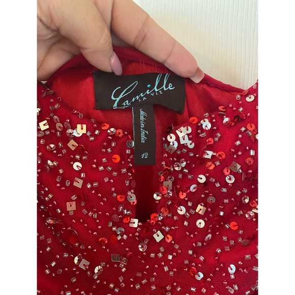 🔴SOLD🔴CAMILLE LA VIE Red Sparkly Gown off-shoulder - Picture 2 of 2